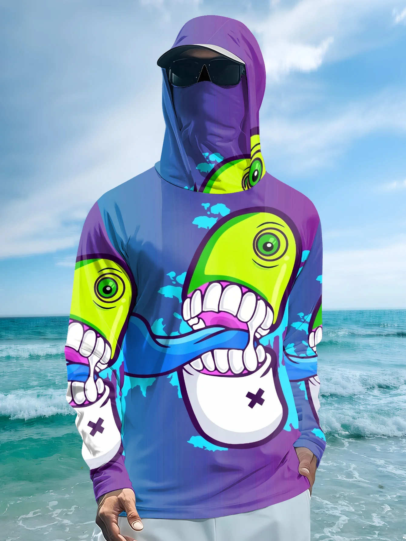 Fishing Mask Sun Protection - เสื้อฮู้ดตกปลาสำหรับผู้ชาย ลายการ์ตูนมอนสเตอร์กราฟฟิตี้ พร้อมหน้ากากปิดหน้า ป้องกันแสงแดด UPF50+ แห้งเร็ว