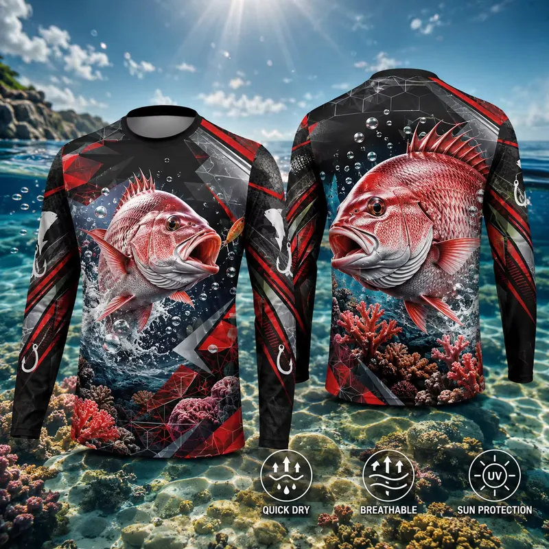 Fishing Shirt Uv Protection - เสื้อเชิ้ตแขนยาวลำลองพิมพ์ลาย 3D สำหรับตกปลาสแนปเปอร์สีแดง ผู้ชาย ลายปลา 3D