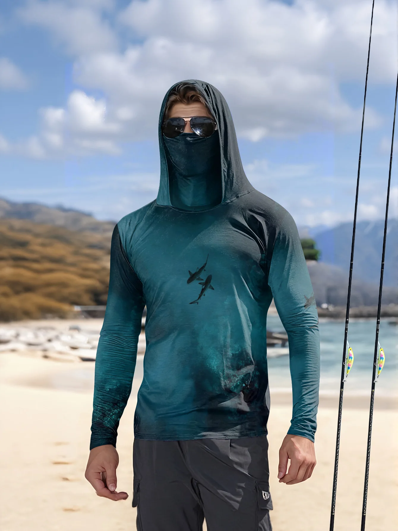 Fishing Mask Sun Protection - เสื้อฮู้ดสำหรับผู้ชาย UPF50+ สำหรับตกปลา พร้อมหน้ากากในตัว, เสื้อกันแดดผ้าไอซ์ซิลค์