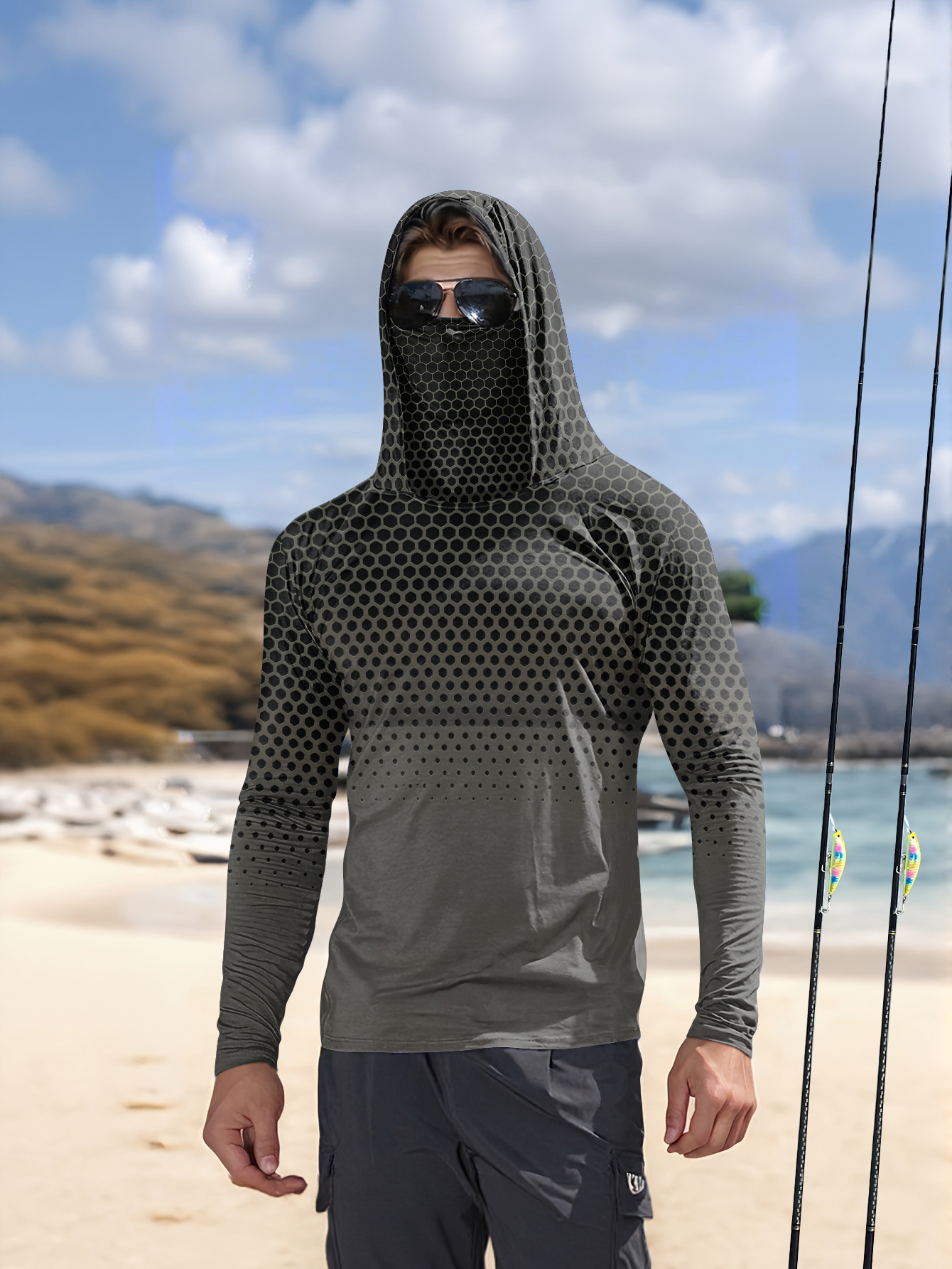 Fishing Mask Sun Protection - เสื้อฮู้ดตกปลาสำหรับผู้ชาย ใส่หน้าร้อน พร้อมหน้ากาก ลายรังผึ้งสีเทา แห้งเร็ว ระบายอากาศได้ดี
