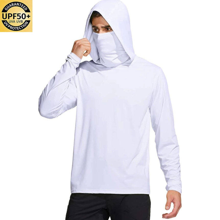 Fishing Shirt Uv Protection - เสื้อตกปลาผู้ชายสีพื้นพร้อมฮู้ด หน้ากากปิดหน้าในตัว ป้องกันรังสียูวี UPF50+ แห้งเร็ว แขนยาว